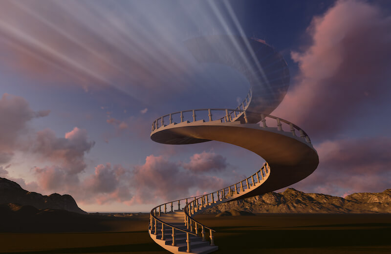 Jesus seated at the right hand of God showing spiritual authority and a staircase to heaven