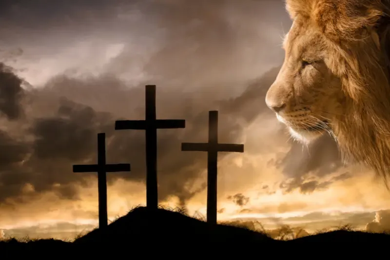 Jesus overcame the devil and obtained victory showing the cross and a lion