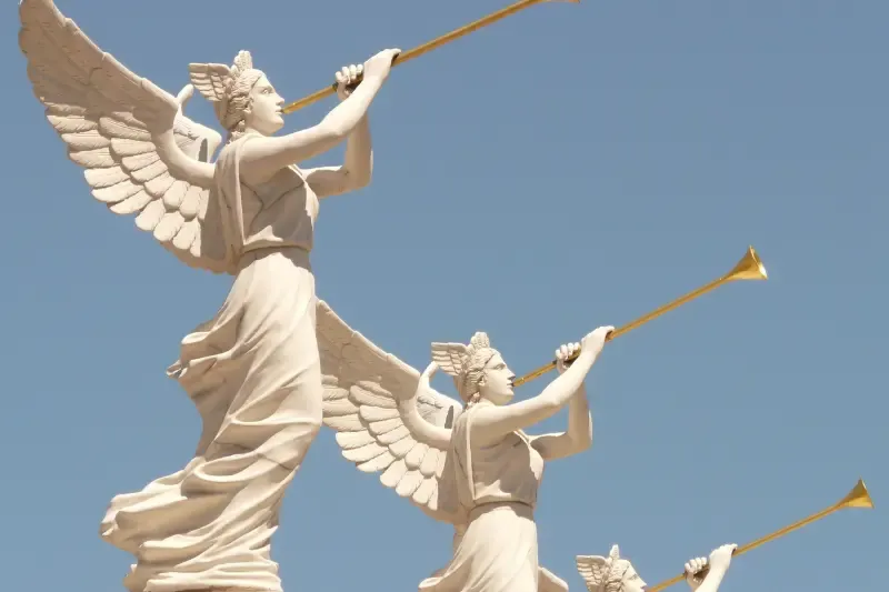 angels celebrate when one singer repents showing angels blowing trumpets