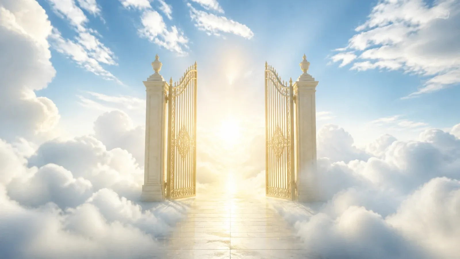 An open gate stands among luminous clouds, with a path leading toward warm light.