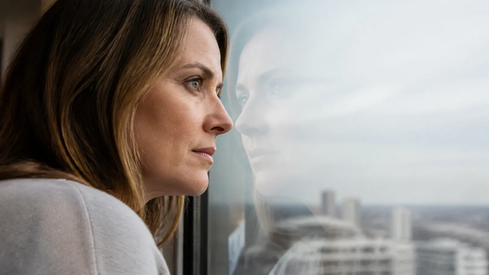 A white woman's eye is sharply focused beside her natural reflection in a glass window.