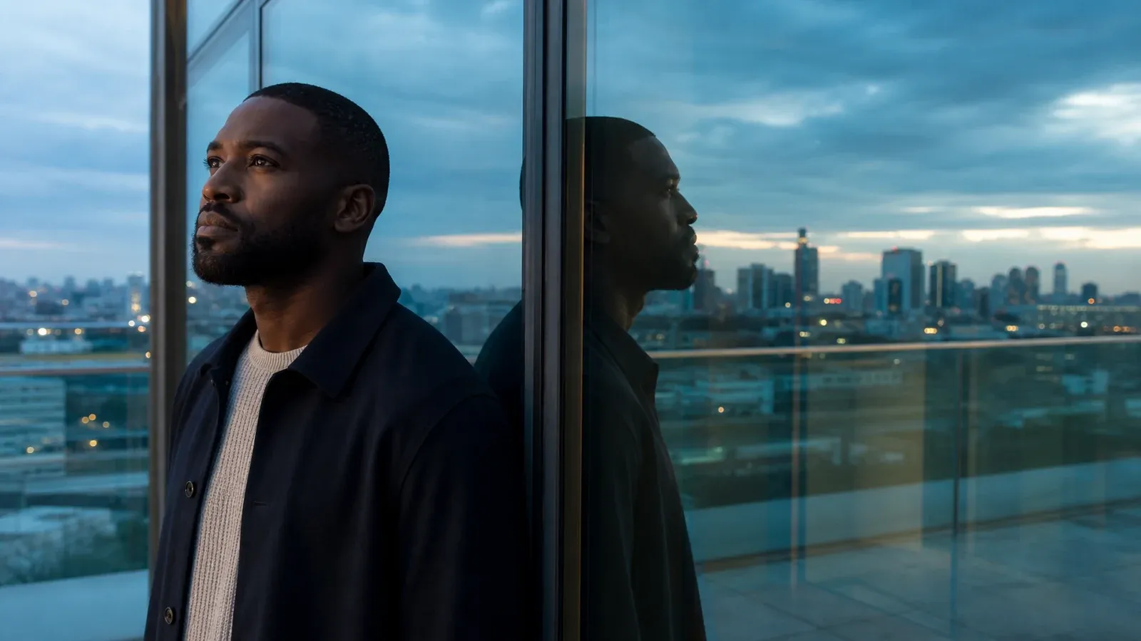 A man looks across a modern city at blue hour while his profile is reflected in glass.