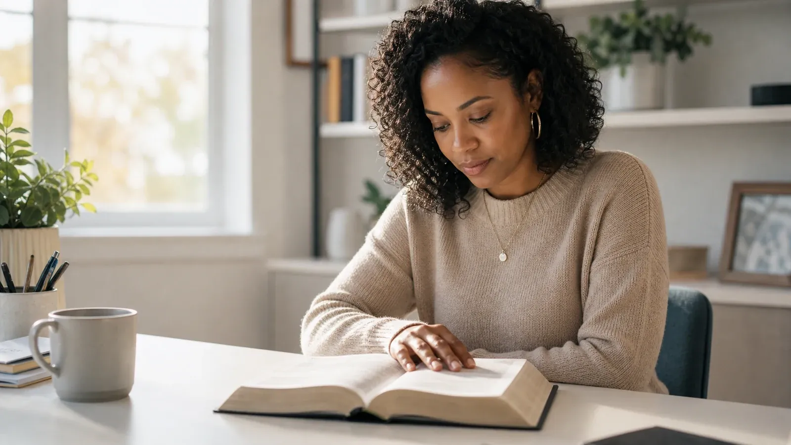 A woman reads an open Bible at a bright, uncluttered desk in a modern home.