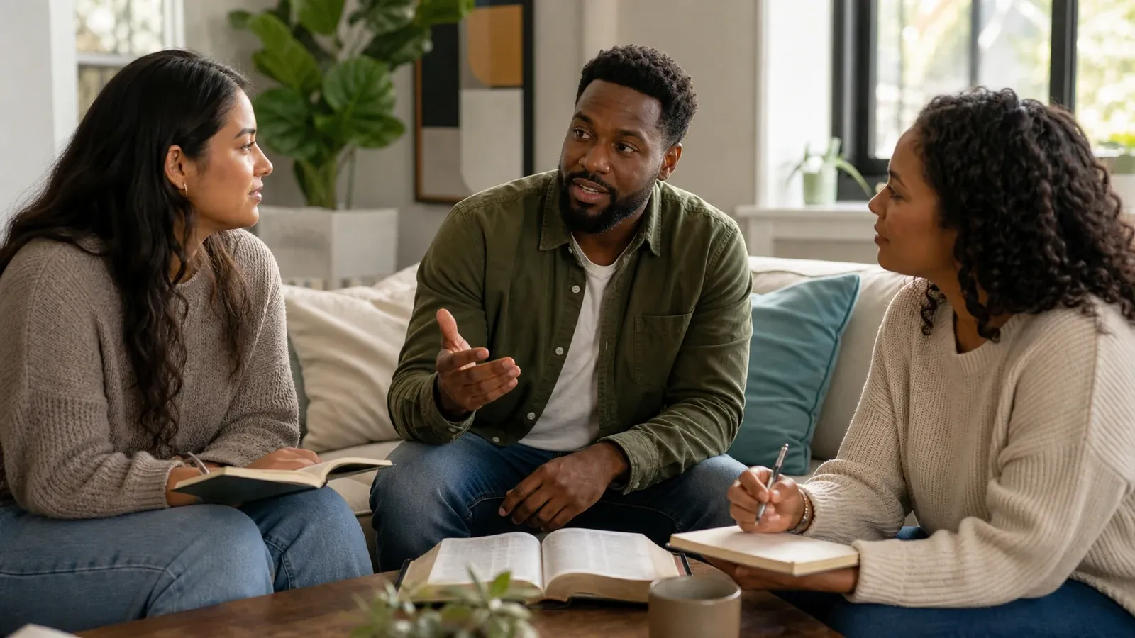 Three adults discuss Scripture together with an open Bible and notebooks in a modern living room.