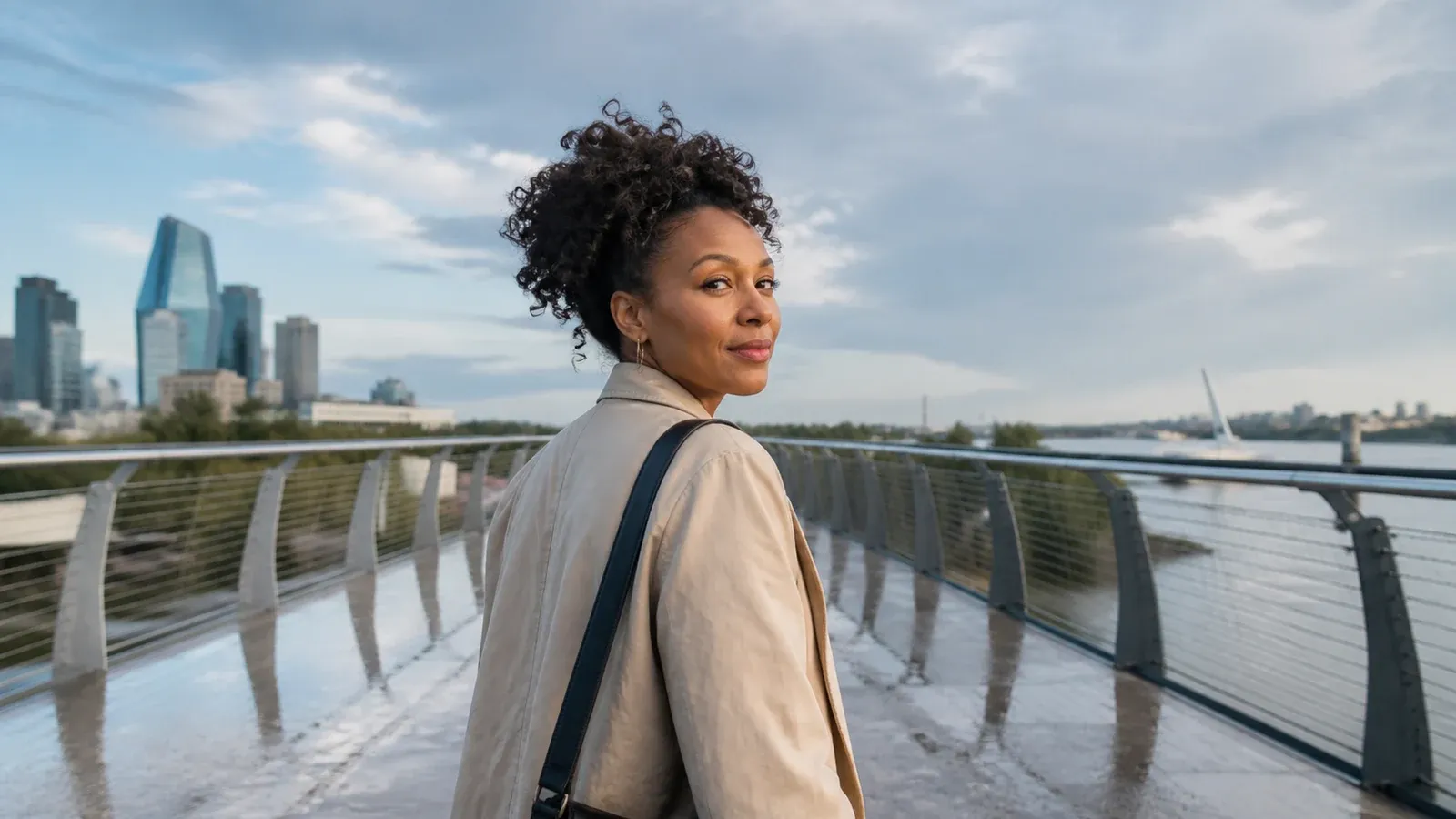A woman walks across a modern bridge after rain and looks back with a clear, confident gaze.