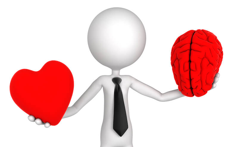 Faith , the mind and our thoughts showing a 3D man holding a heart and a brain