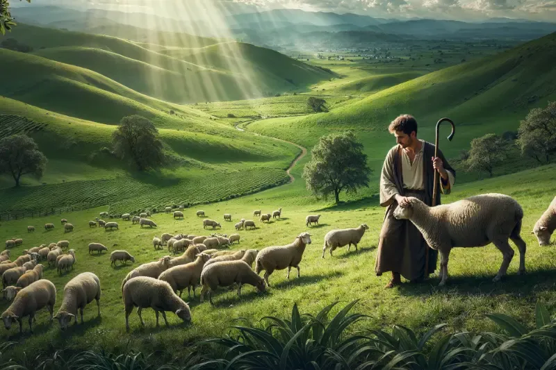 a man holding a sheep in a field, illustrating david having faith in god's presence