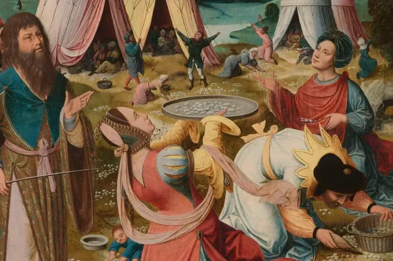 God providing manna to the Israelites showing them in the desert