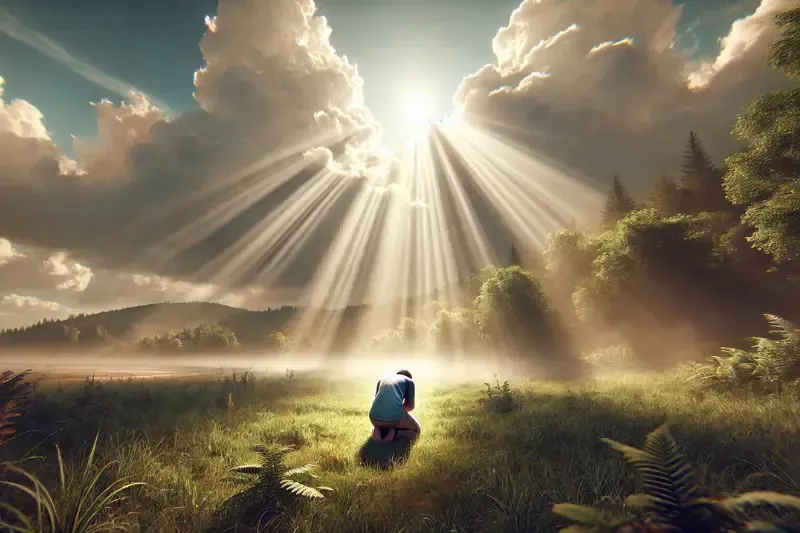 a person kneeling in a field with sunlight shining through clouds