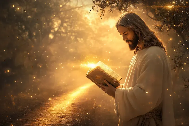 a man reading a book in the forest