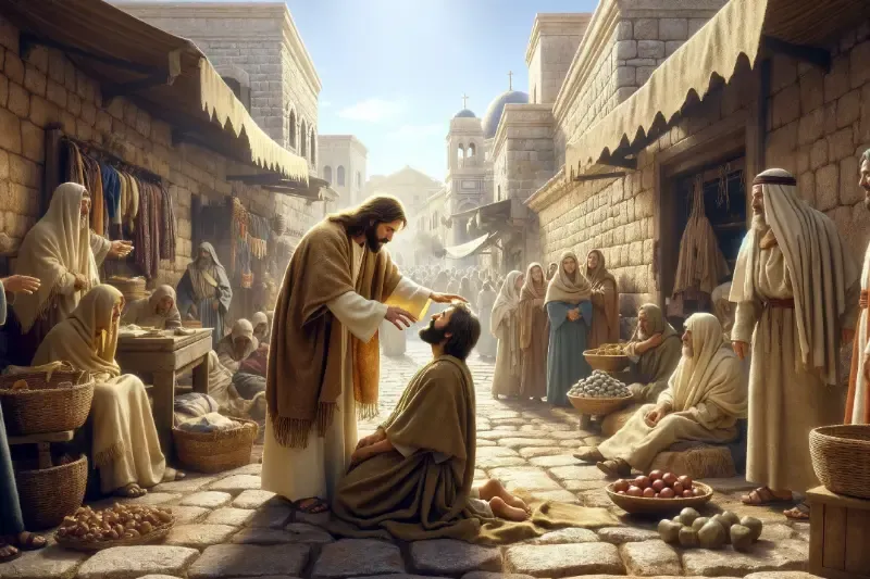 Jehovah rapha showing jesus healing a man on the streets