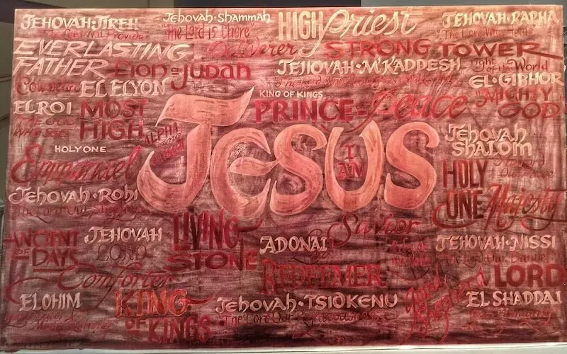 Jesus the I am showing the name Jesus with the Jehovah titles in the background