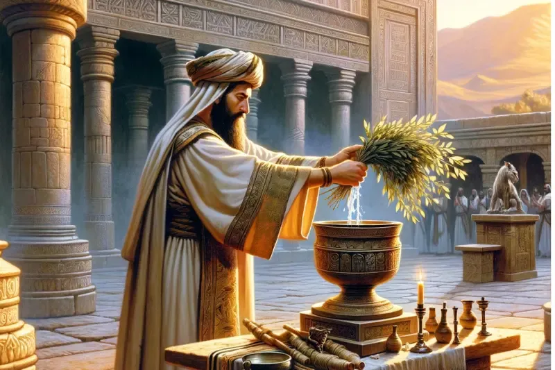 purge me with hyssop and I shall be clean showing a priest using hyssop in the temple