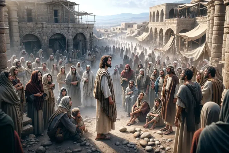 God has spoken to us in a son, showing Jesus speaking to a crowd