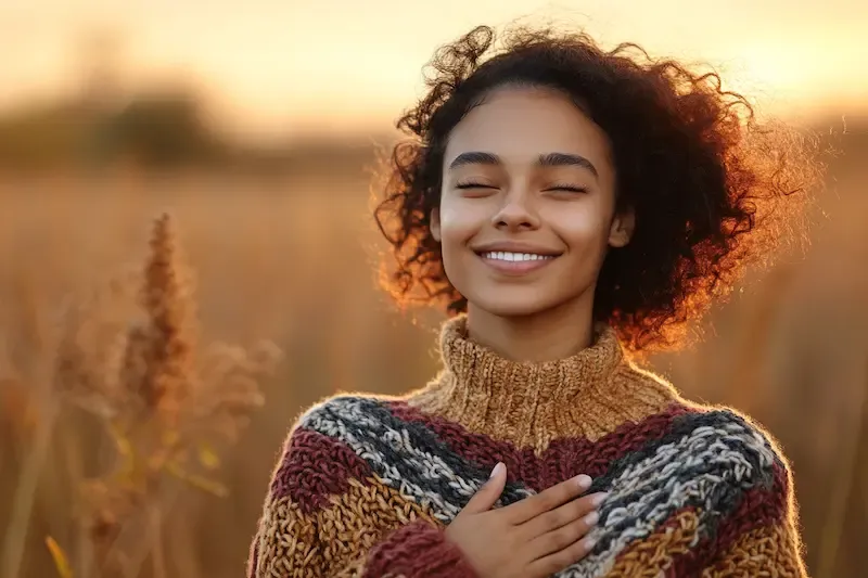a woman with her eyes closed and her hand on her chest