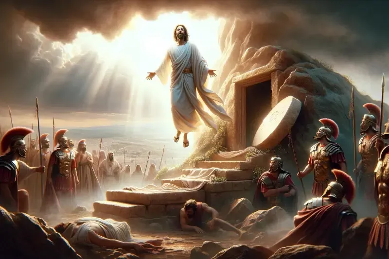 The resurrection showing Jesus coming out of the grave