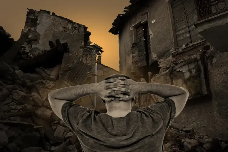 job's suffering showing a man looking at his crushed house