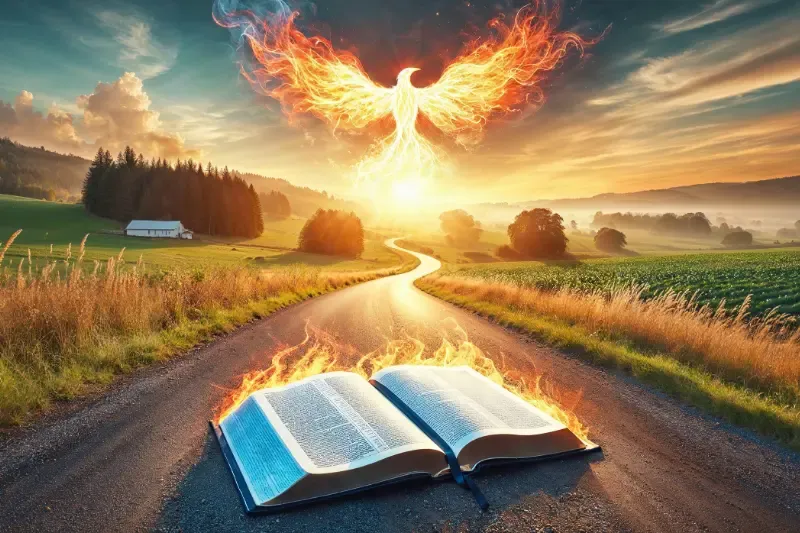 a book on a road with a bird in the sky