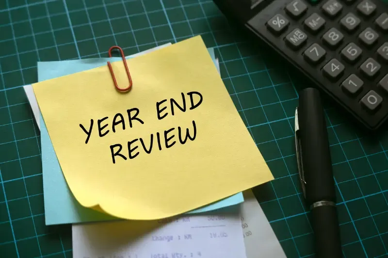 end of year review showing a sticker