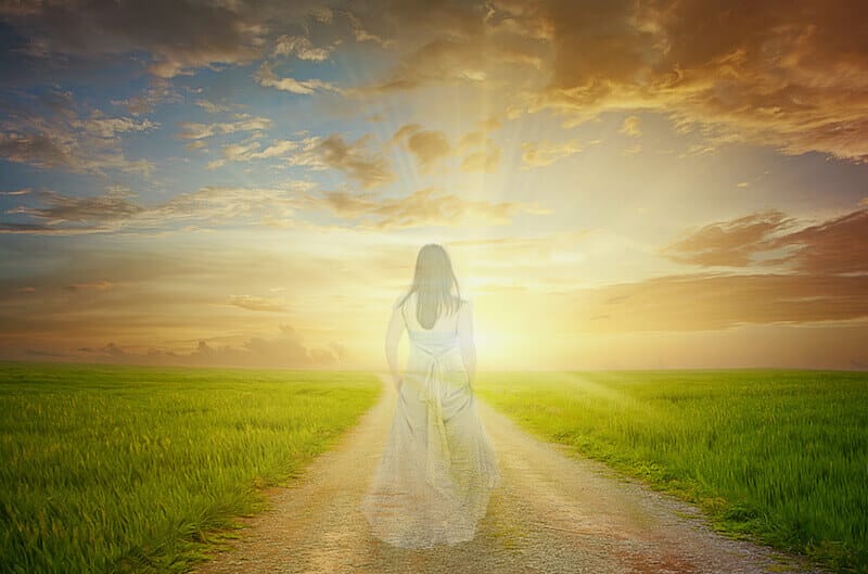 The sadducees showing a woman's spirit moving towards bright light