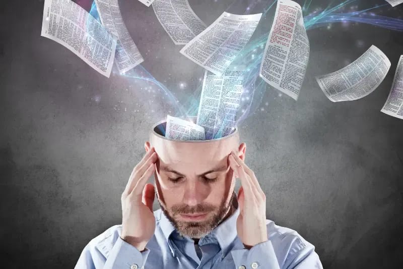 word dwell richly in you showing a man with Bibel pages enterring their heads