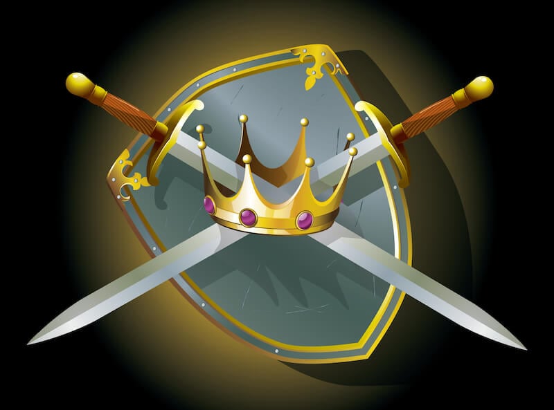 the lord fighting our battles showing a shield and swords
