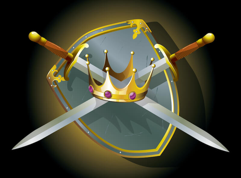 the lord fighting our battles showing a shield and swords