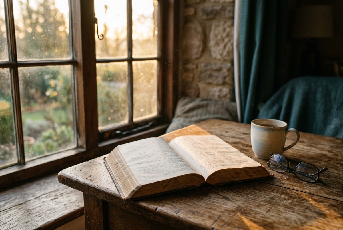 An open Bible on a wooden table beside a window, lit by warm early-morning light.