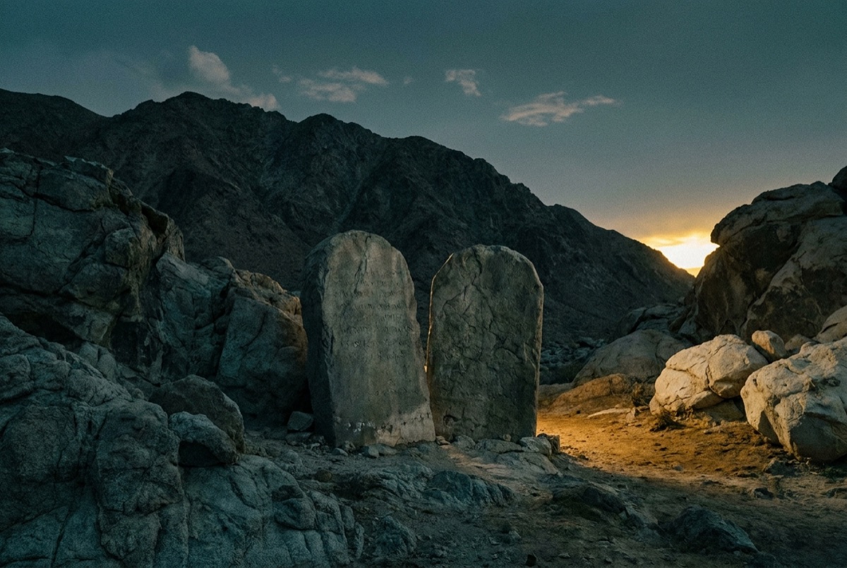 Two weathered stone tablets standing on rocky desert ground at dusk, with golden light breaking across the mountain behind them.