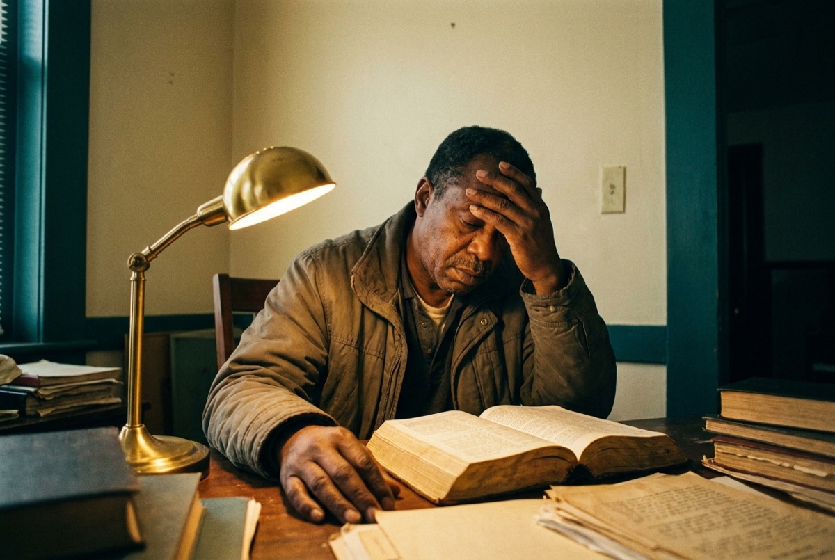 A man sits alone at a desk late at night with an open Bible, one hand against his forehead, lit by a single lamp.