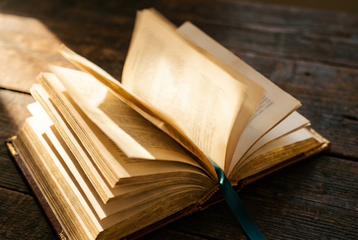 An open book on dark wood with its pages caught mid-turn in warm golden light, a teal ribbon marker across the spine.