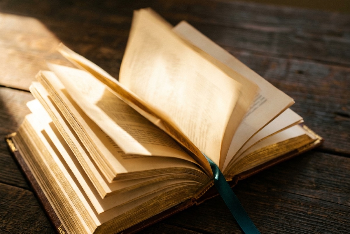 An open book on dark wood with its pages caught mid-turn in warm golden light, a teal ribbon marker across the spine.