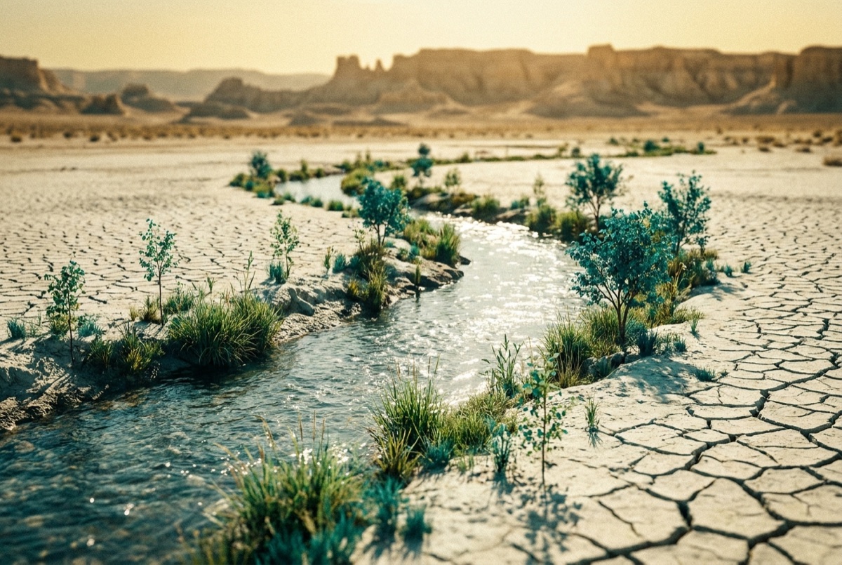 A clear river winding through cracked dry ground, with green shoots and small trees springing up along both banks.