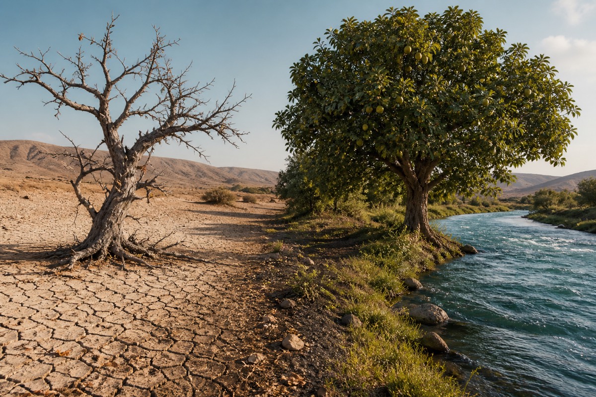 A dry tree in cracked desert soil opposite a flourishing fruit tree beside a flowing river.