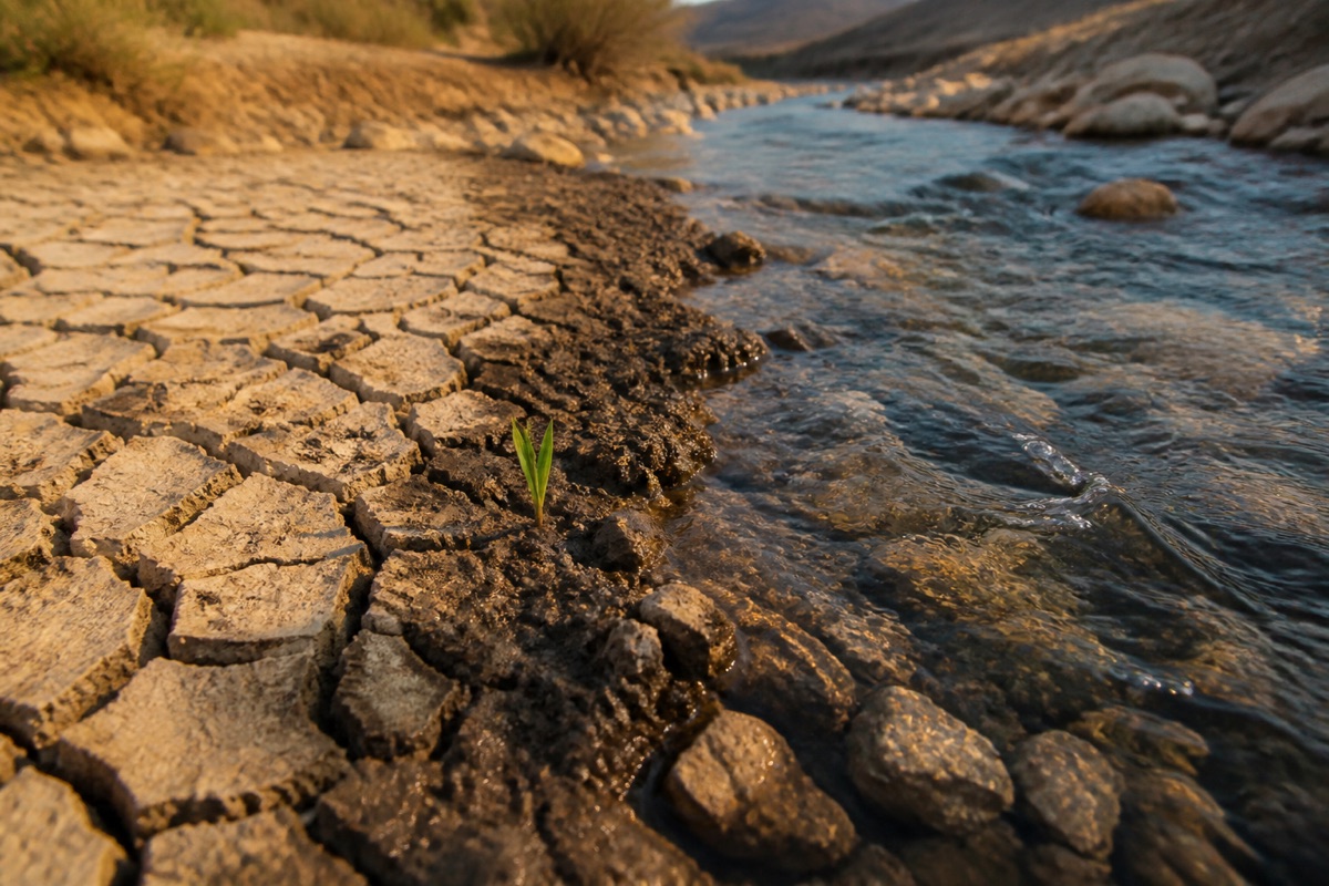Clear water reaches cracked earth, softening the soil as a fresh green shoot emerges.