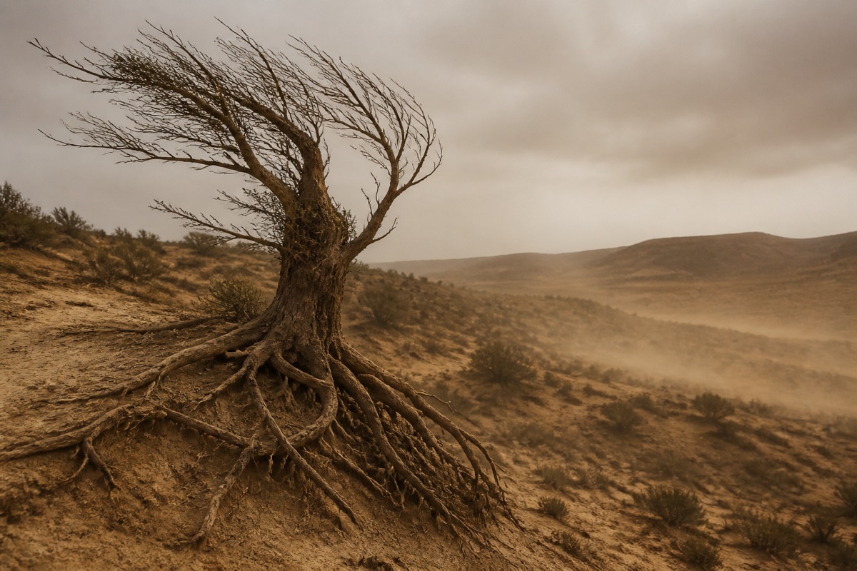 A weathered tree with exposed roots strains against wind in a dry wilderness.
