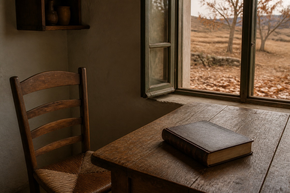 An empty chair and an untouched closed Bible sit beside a window overlooking a dry landscape.