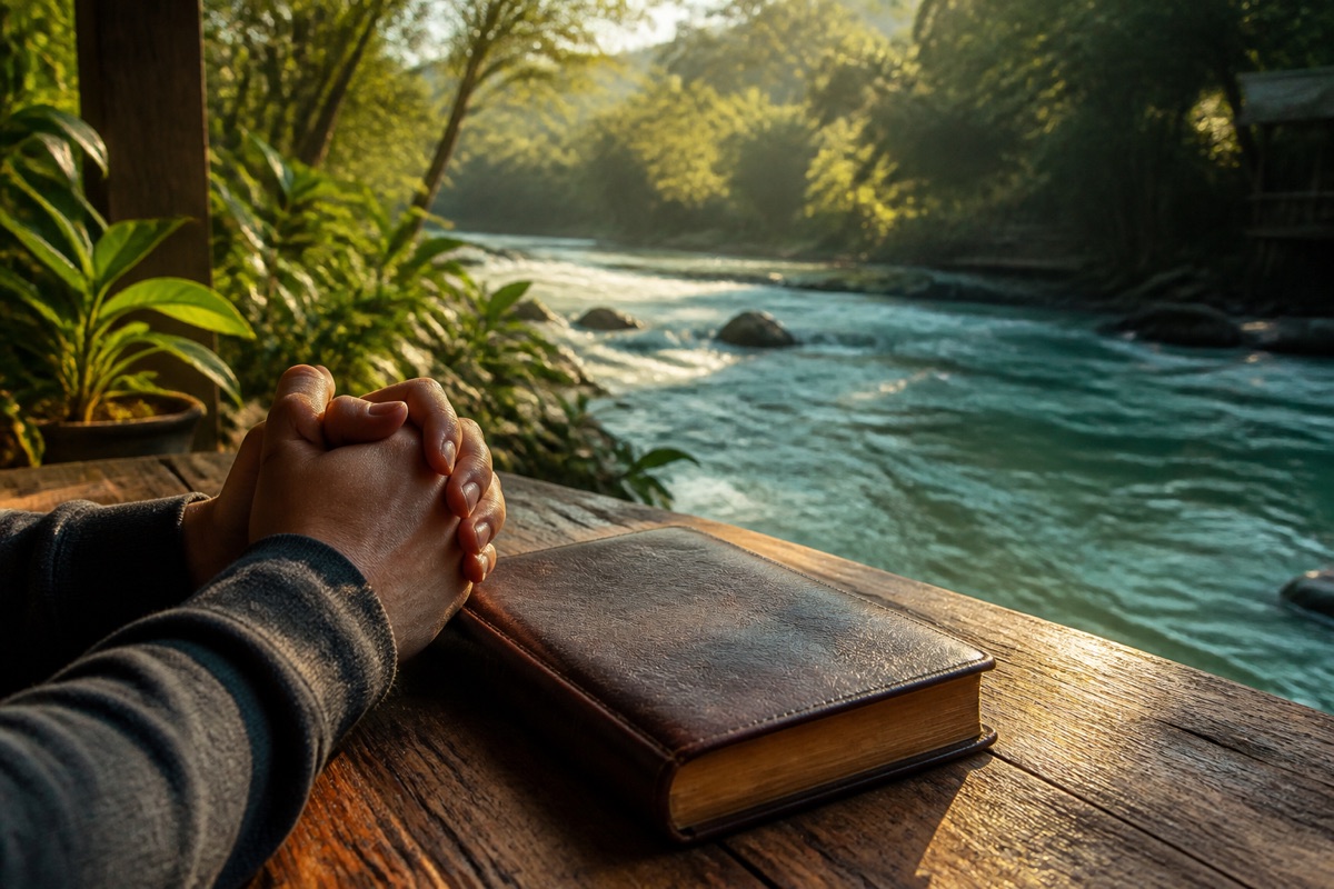 Folded hands rest beside a closed Bible at dawn near a clear living river.