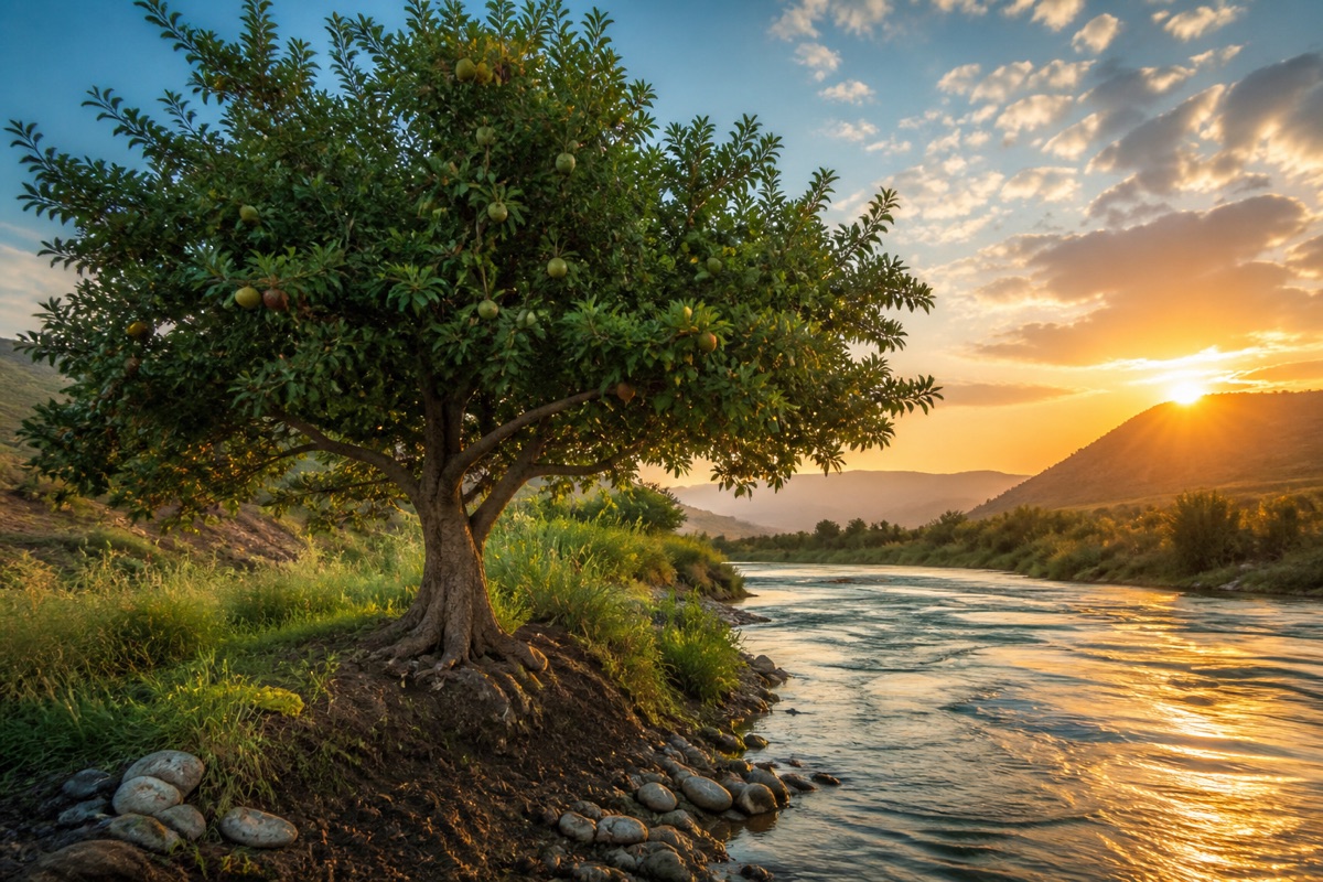 A mature fruit-bearing tree flourishes beside a broad river in warm sunrise light.