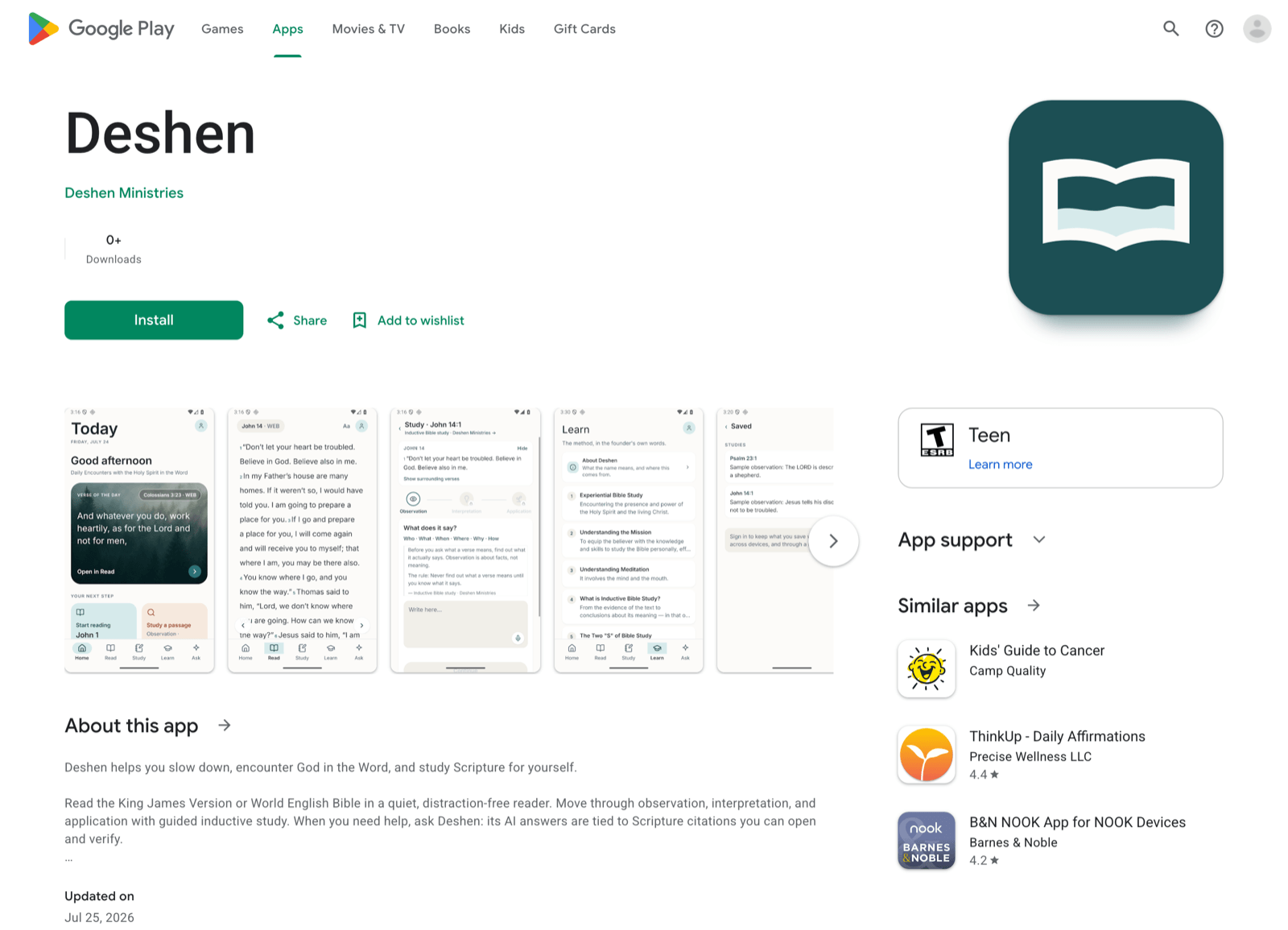 The Deshen Bible App listing on Google Play, including the Install control and screenshots from the App.