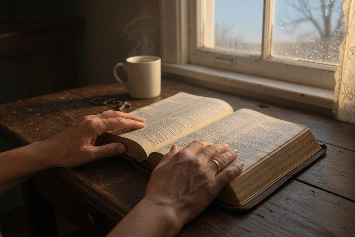 Hands rest on an open Bible on a wooden table beside a window, lit by warm morning light.
