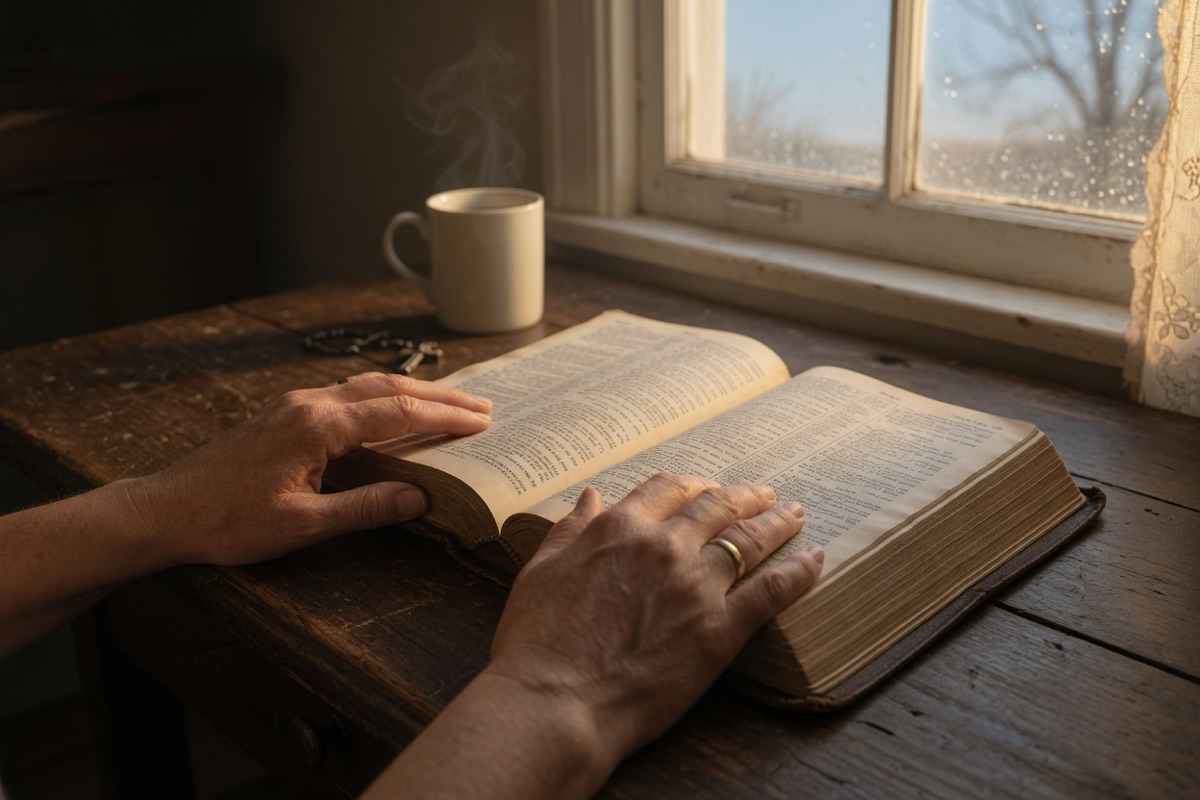 Hands rest on an open Bible on a wooden table beside a window, lit by warm morning light.