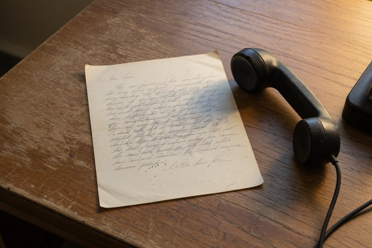 A handwritten letter on a worn wooden desk beside a black telephone handset.