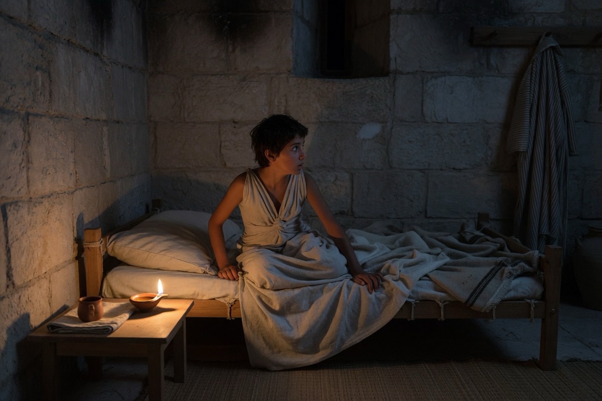 A young boy sits up on a simple bed in a dim stone room, looking toward the dark as an oil lamp burns.