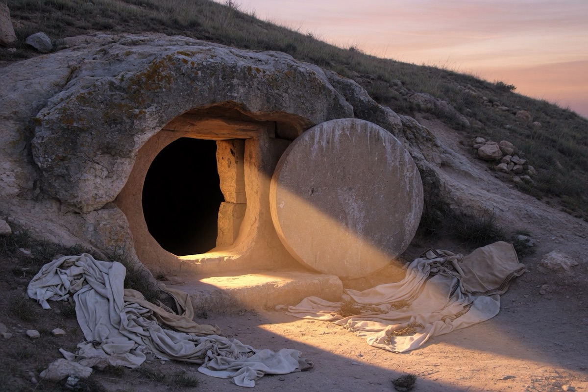 An ancient stone tomb with the circular stone rolled aside and warm dawn light on empty grave cloths.