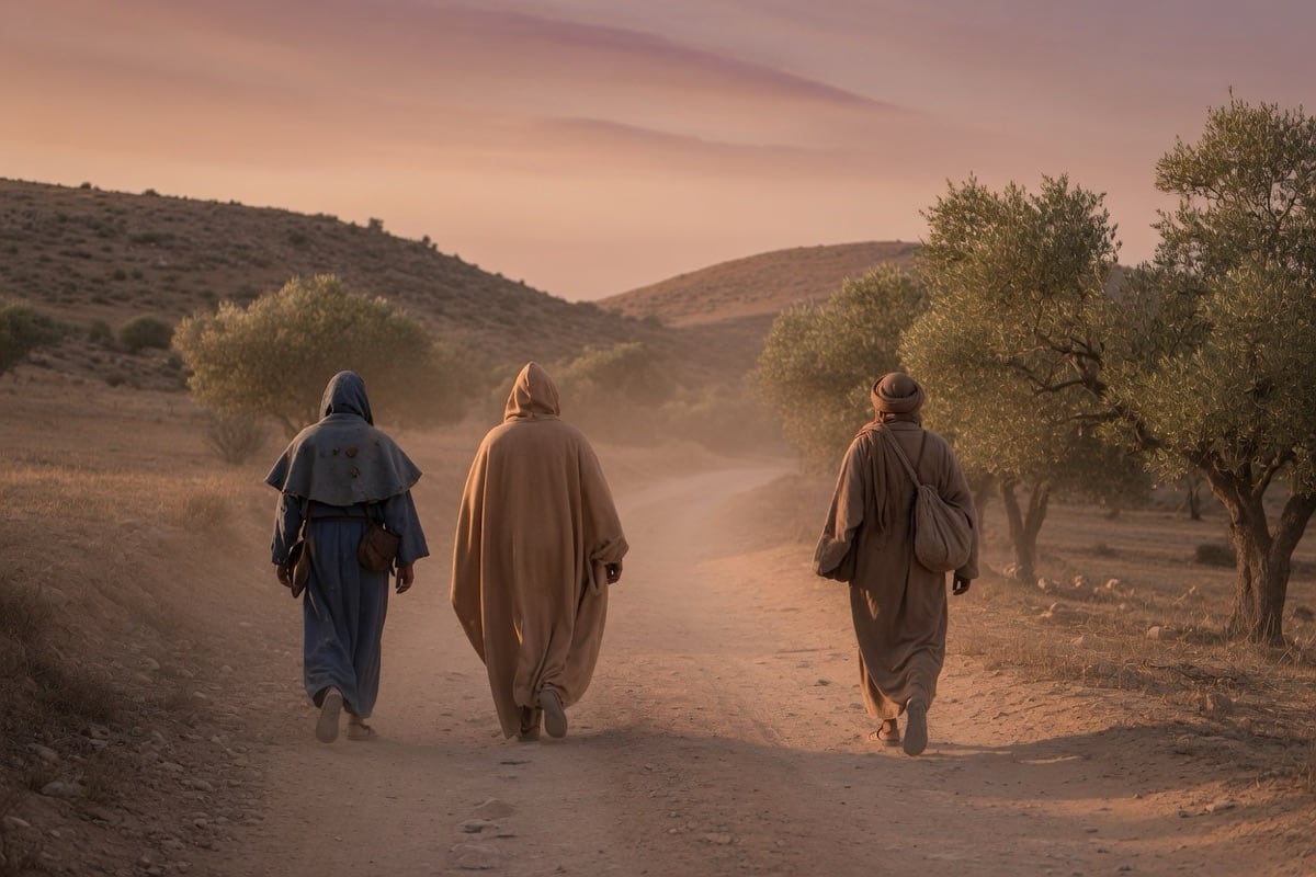 Three travelers walk away down a dusty evening road through low hills and olive trees.