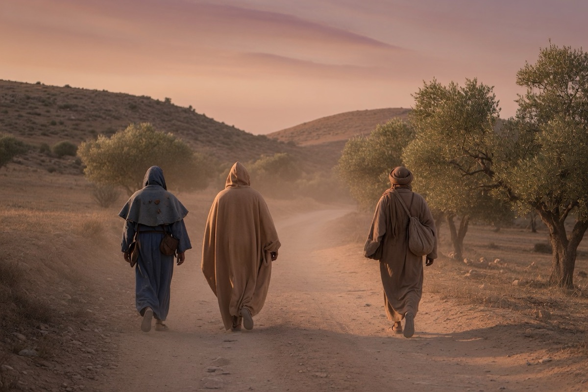 Three travelers walk away down a dusty evening road through low hills and olive trees.
