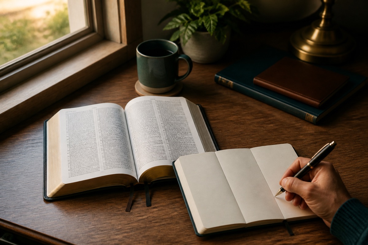 A person writes in a notebook beside an open Bible on a wooden desk in warm morning light.