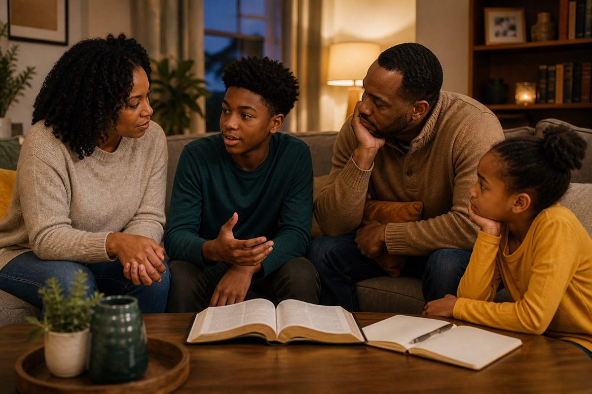 A Black family discusses an open Bible together in their living room, with a notebook ready for application.