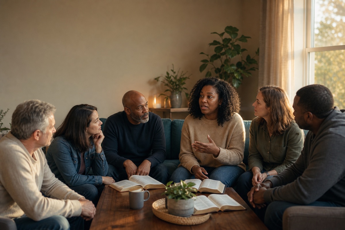 Black and white Christian men and women discuss Scripture together around open Bibles in a warm living room.